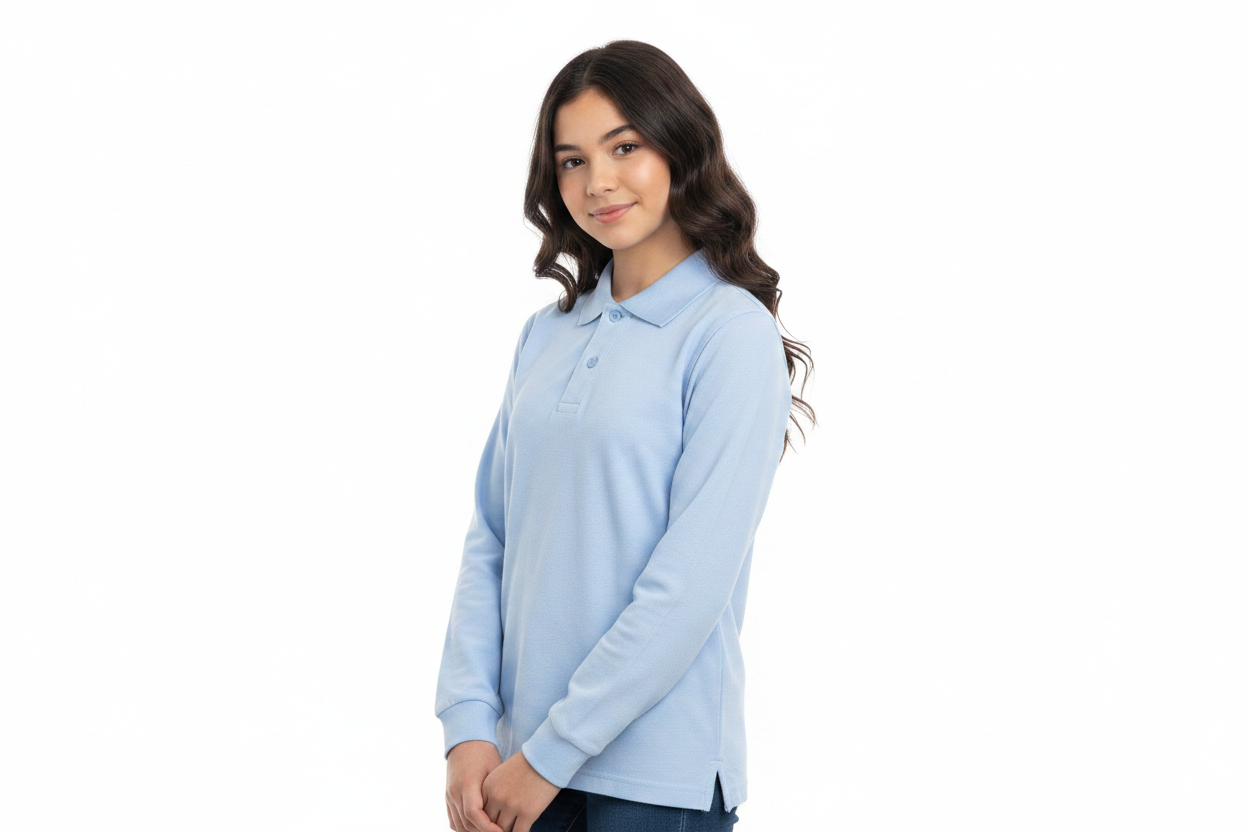 Girl wearing light blue polo