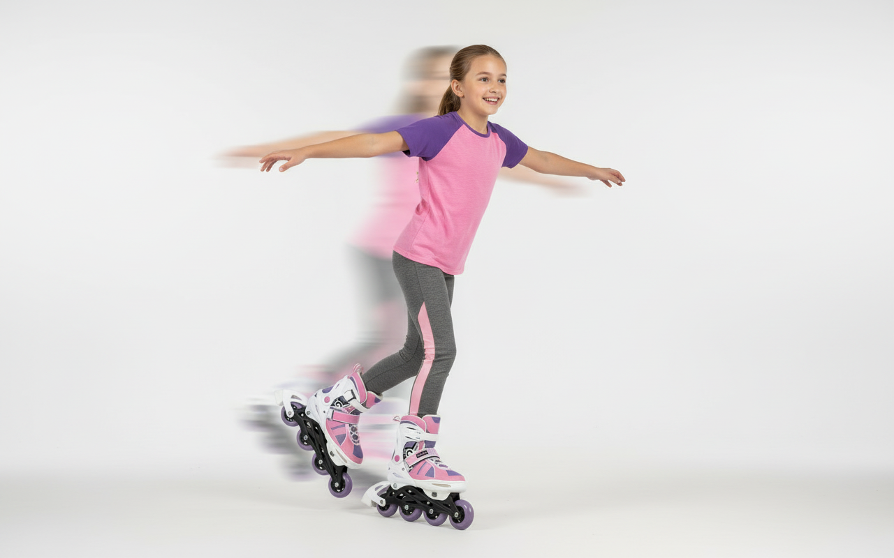 Girl wearing pink and purple roller skates