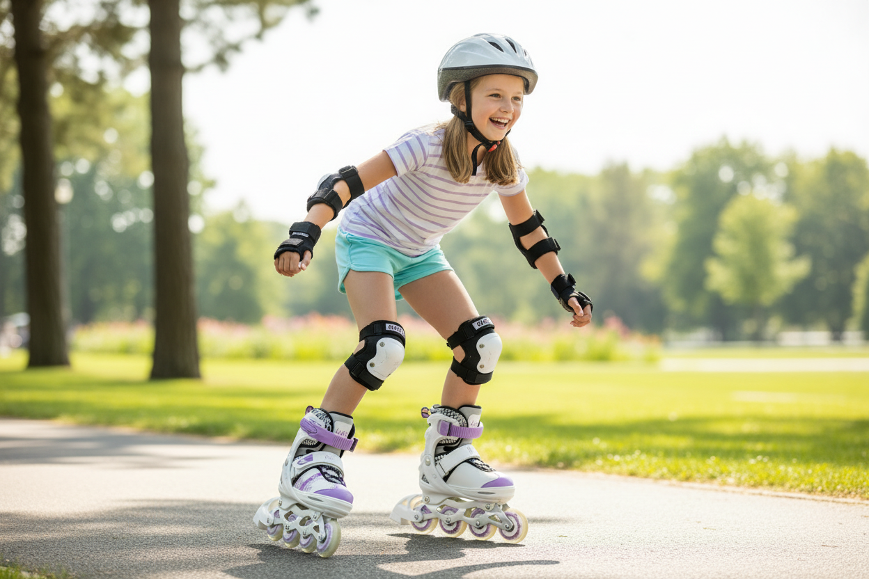 Girl wearing white and purple inline skates