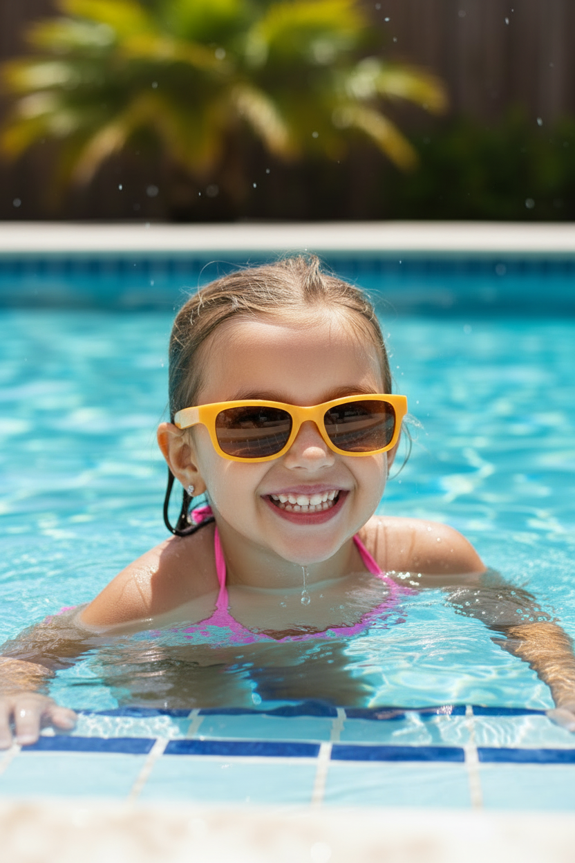 Girl with smaller slim yellow sunglasses at the pool