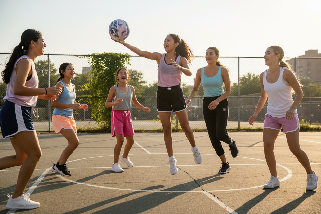 Girls and women playing basketball