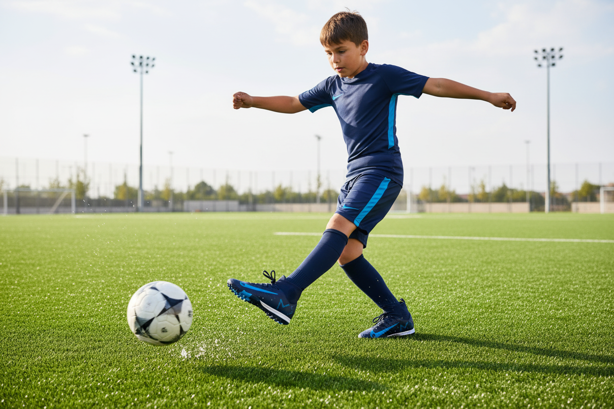 Kid playing football in navy turf shoes
