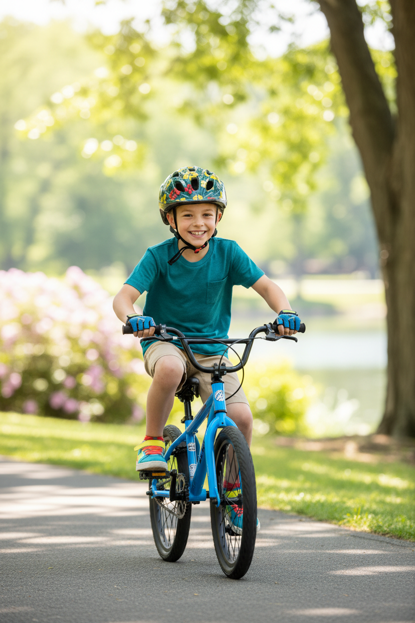 Kid wearing helmet on bicycle