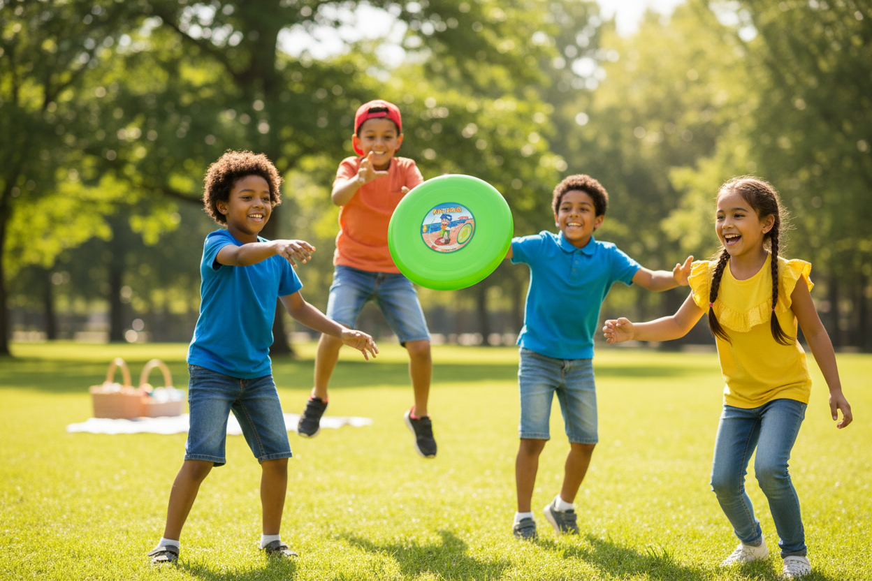 Kids playing with green frisbee