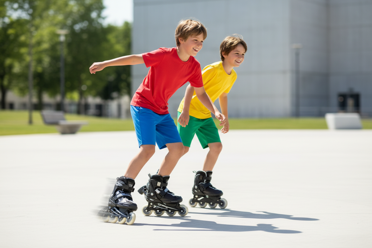 Kids wearing black inline skates