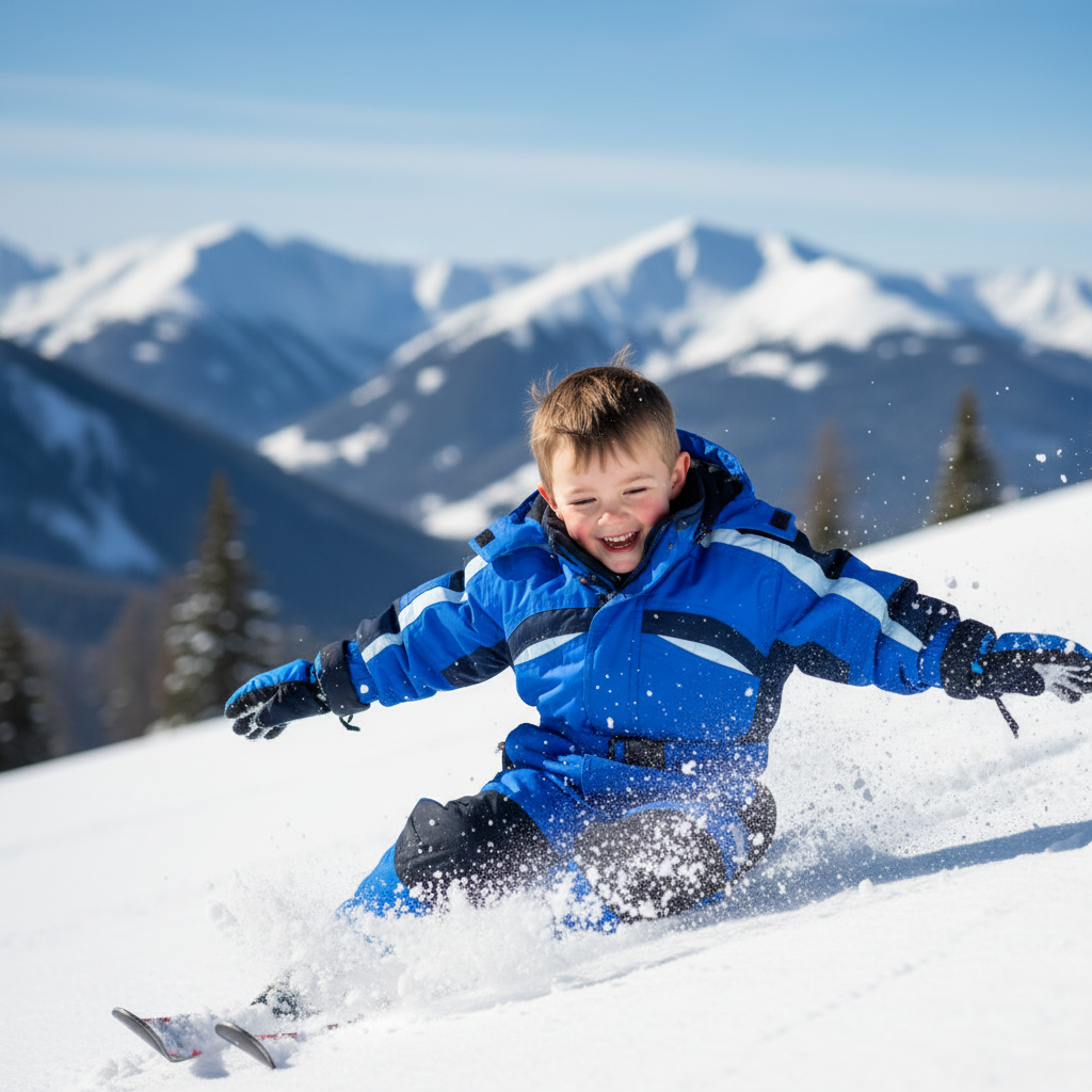 Lifestyle photo of child in blue ski suit
