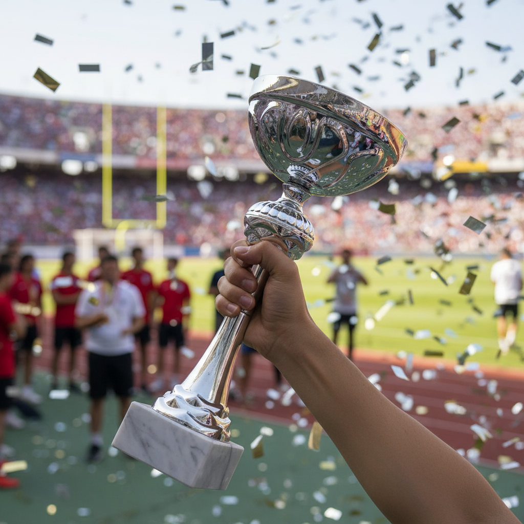 Lifestyle photo of silver trophy being held in celebration