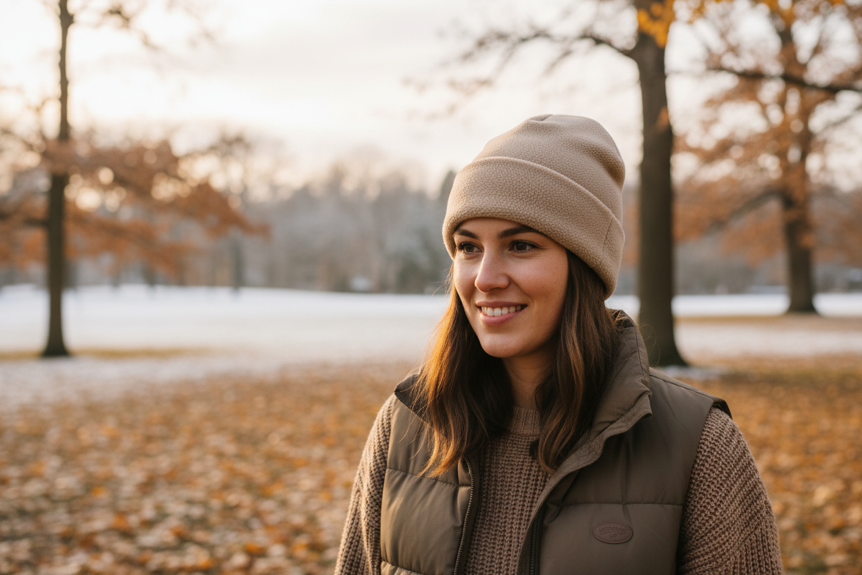 Lifestyle photo with beige beanie