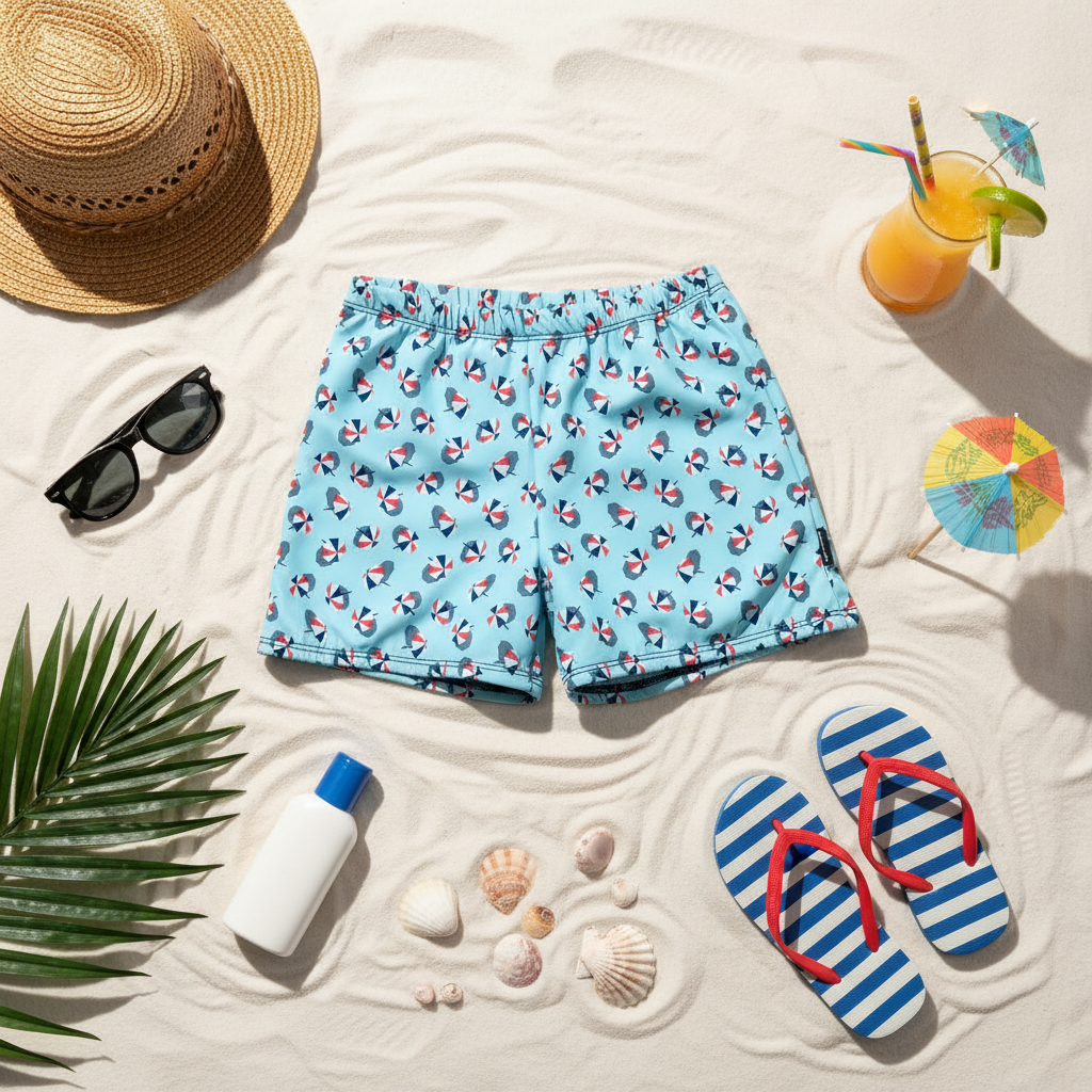 Light Blue Beach Umbrella Swim Shorts Summer Flat Lay