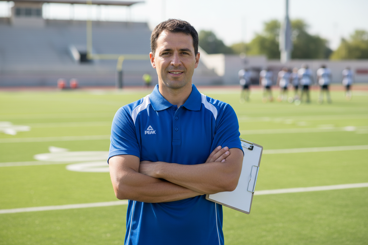 Male coach wearing blue Peak polo