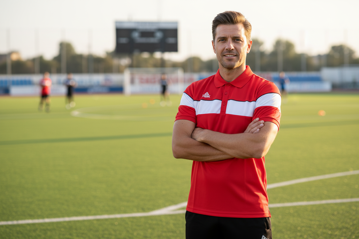 Male coach wearing red Peak polo