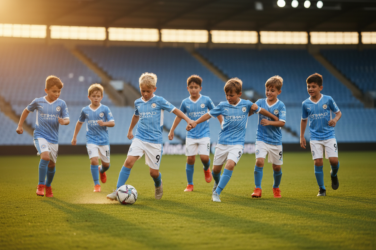 Man City Pinstripe Kit – Kids Team Playing Football