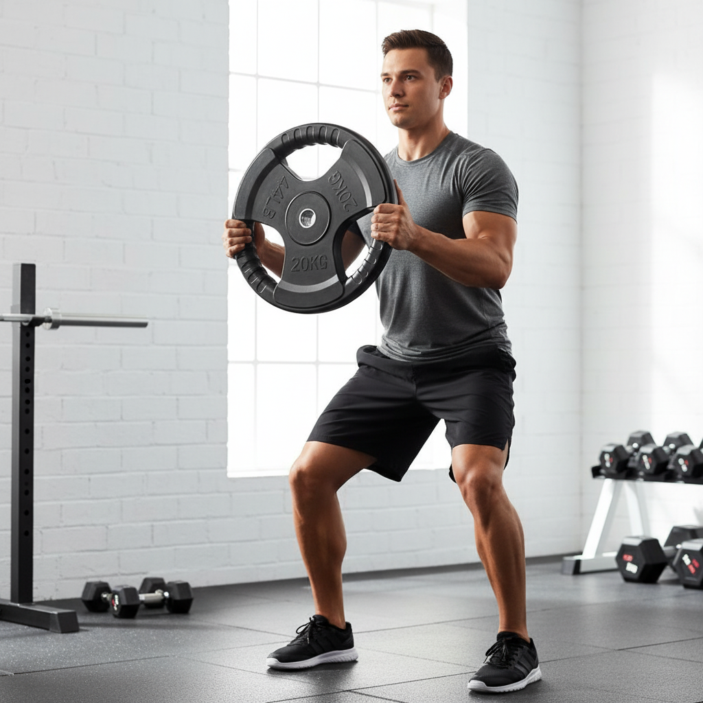 Man demonstrating 20kg weight plate usage