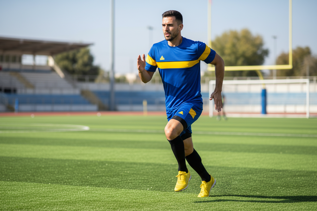 Man doing sports in blue Peak t-shirt with yellow stripe