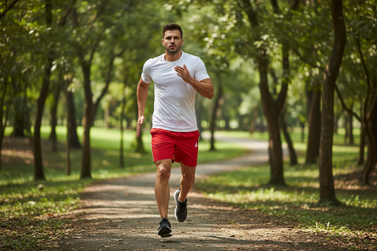 Man in Peak Red Shorts doing sport