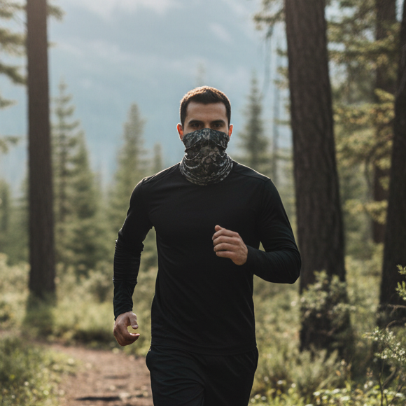Man running in nature with neck gaiter
