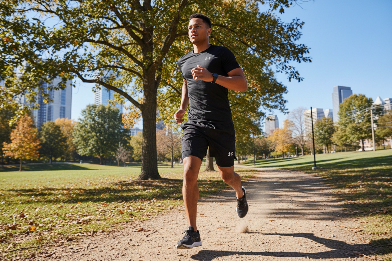 Man running outdoors in UA Launch 2-in-1 shorts
