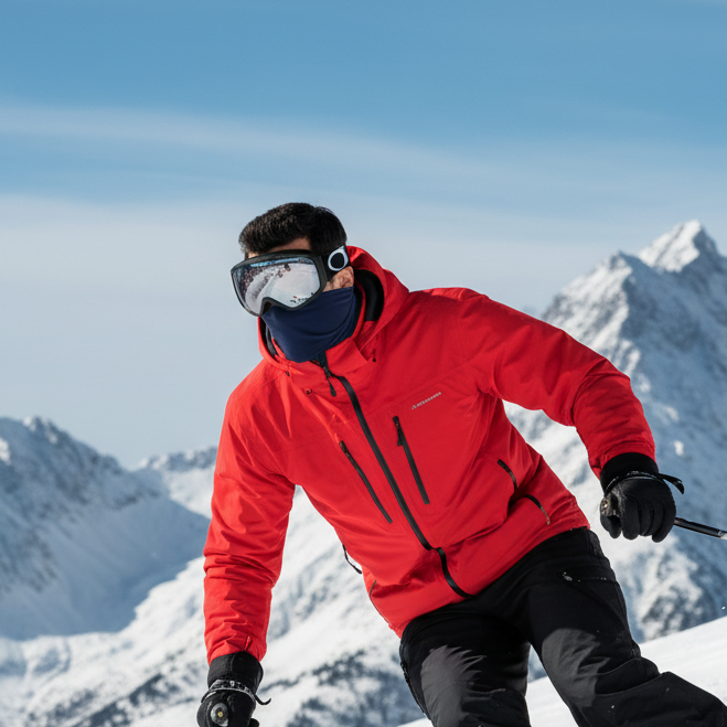Man skiing in the mountains wearing the navy headgear