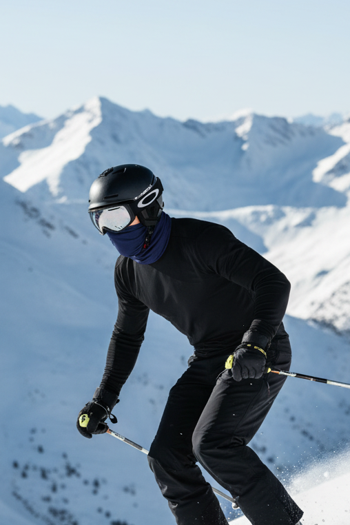 Man skiing with navy neck gaiter