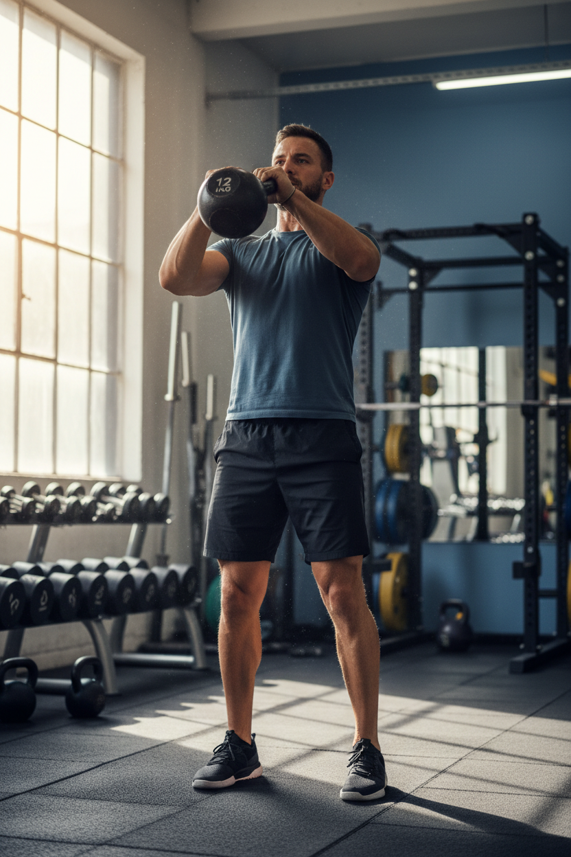 Man using 12kg kettlebell at gym