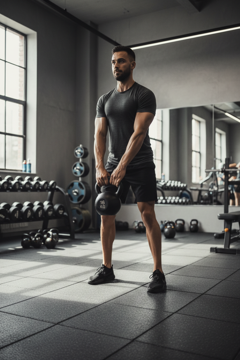 Man using 16kg kettlebell at gym