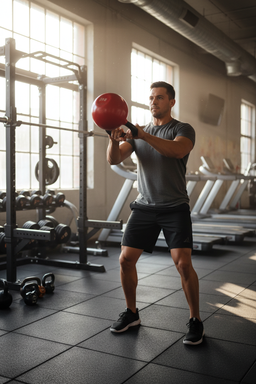 Man using 28kg kettlebell at gym