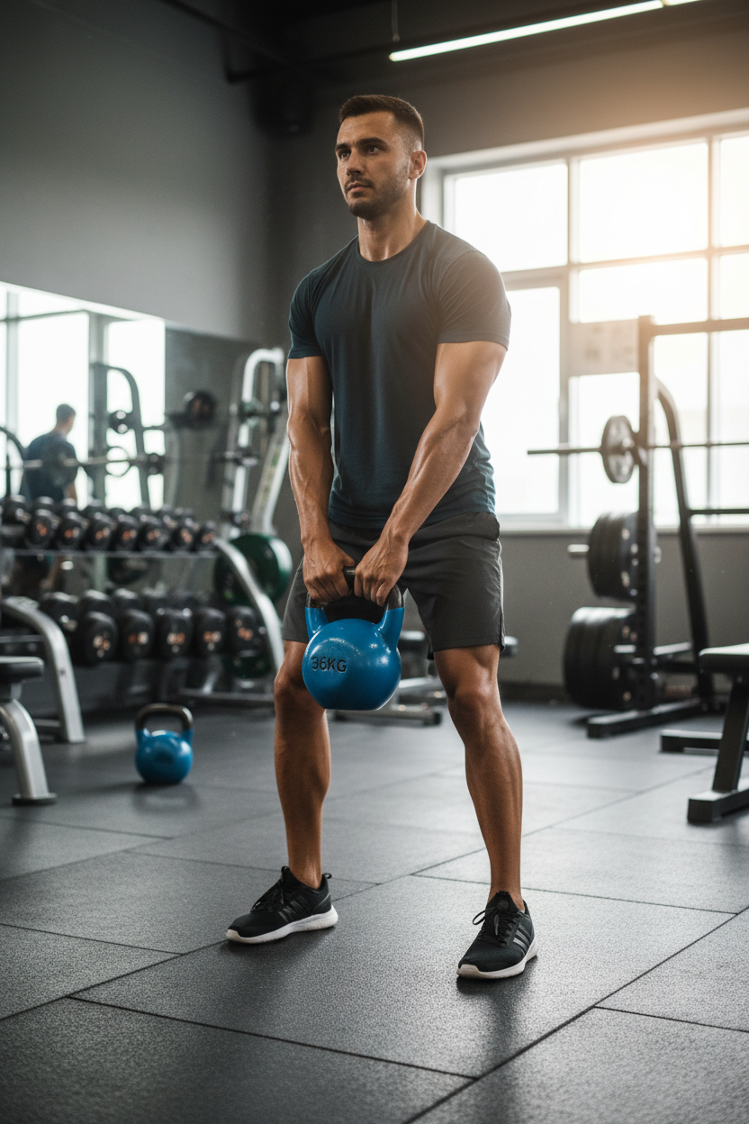 Man using 36kg blue kettlebell at gym