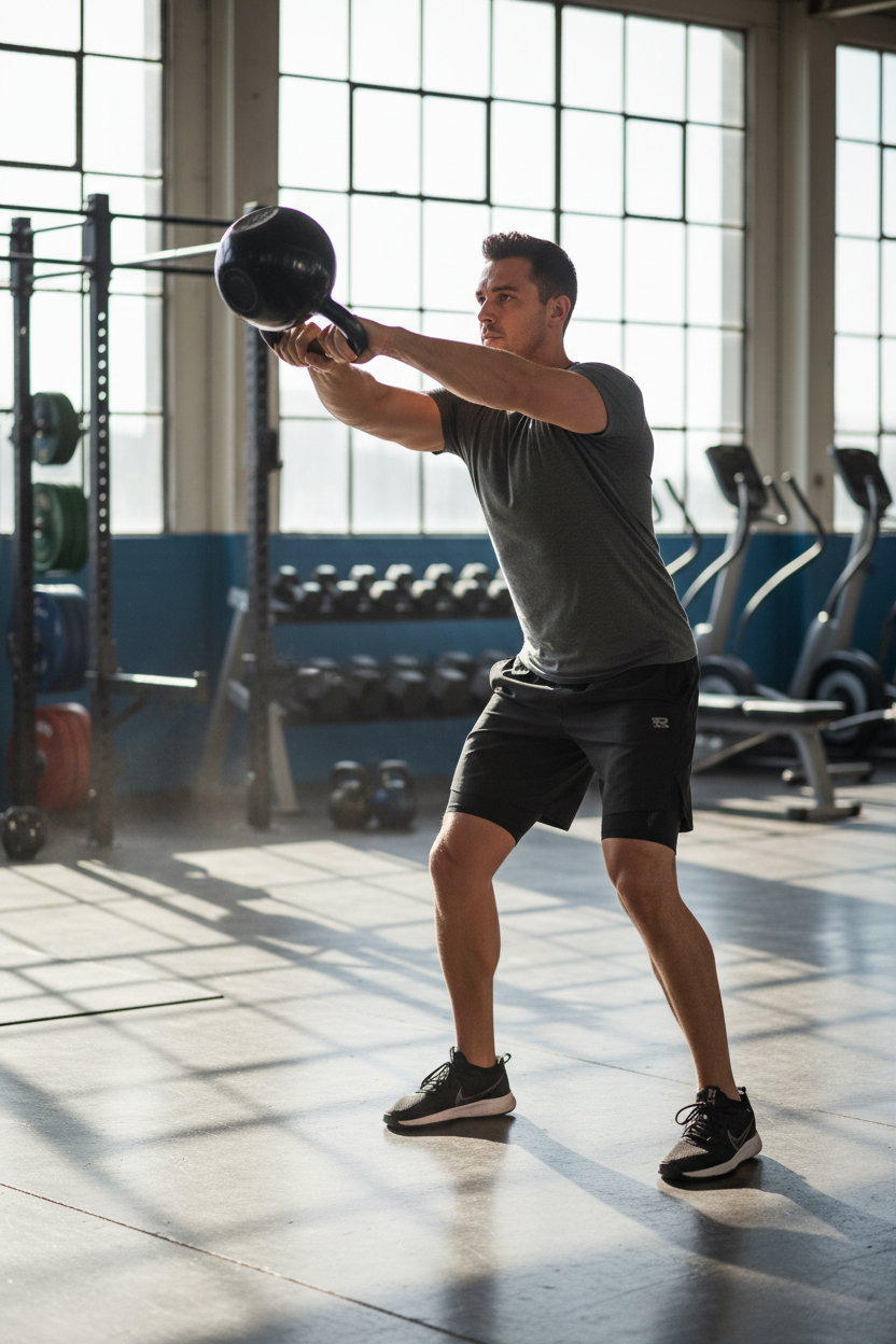 Man using 40kg black metal kettlebell at gym