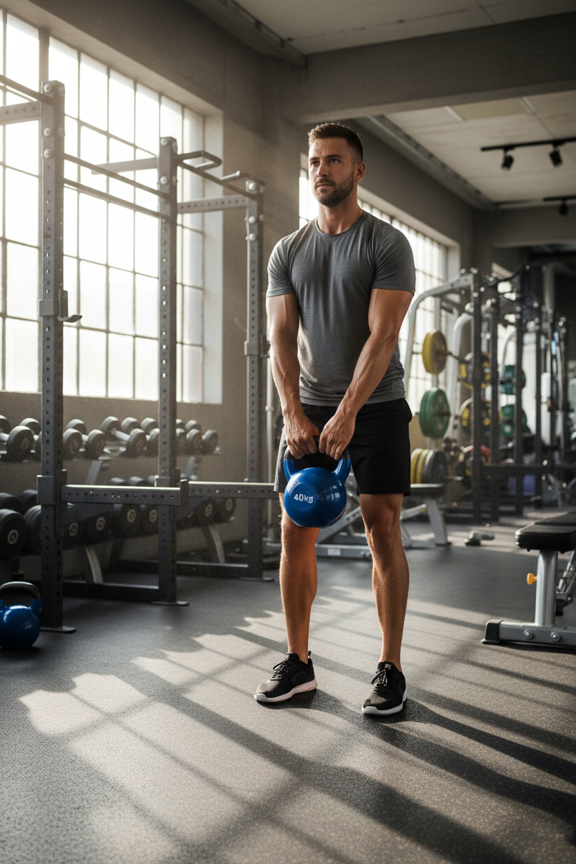 Man using 40kg blue kettlebell at gym