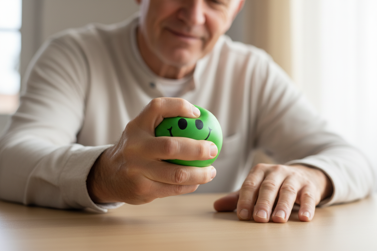 Man using green smiley stress ball