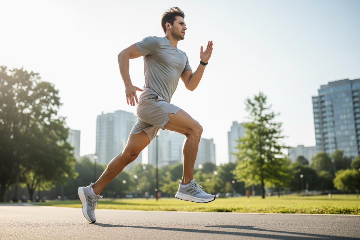 Man wearing Adidas Light Boost grey running shoes