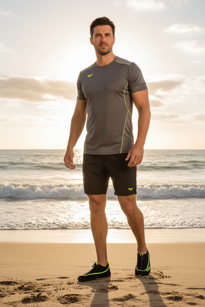 Man Wearing Arena Water Shoes at Beach