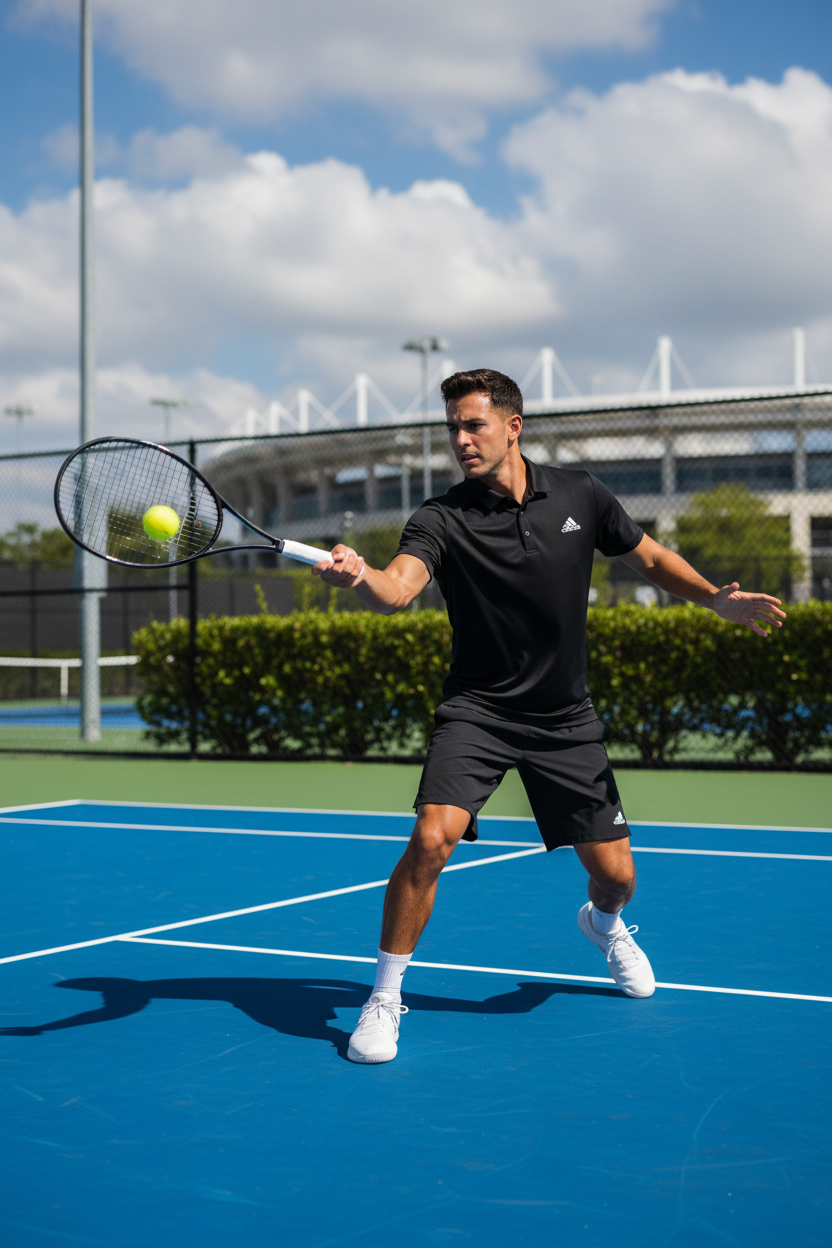 Man wearing black Adidas polo playing tennis