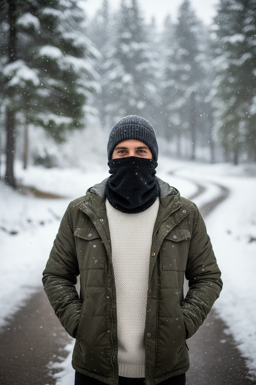 Man wearing black fleece headgear