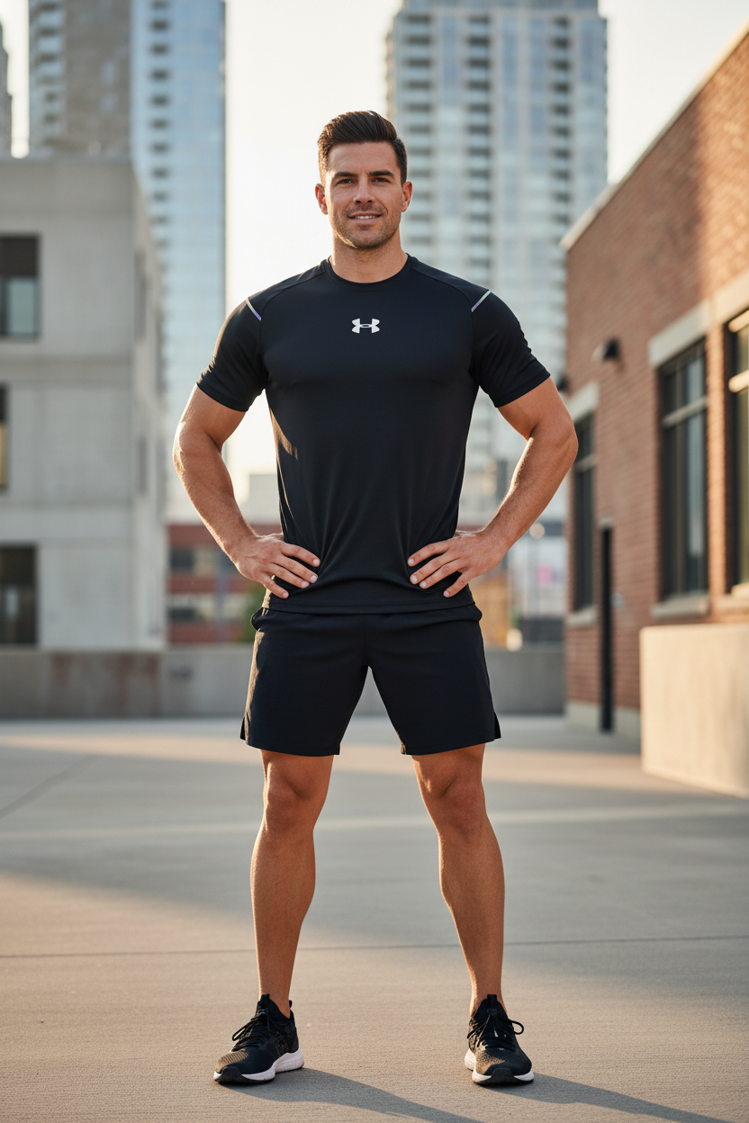 Man wearing black Under Armour t-shirt