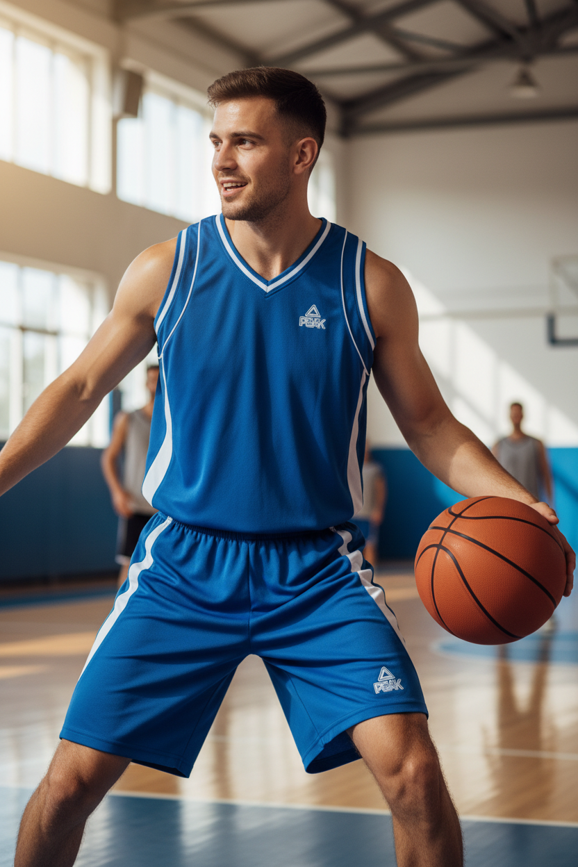 Man wearing blue basketball uniform