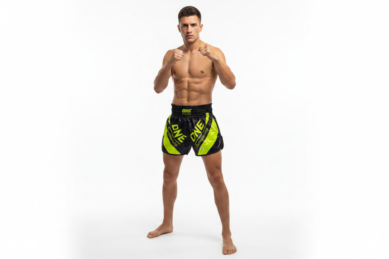 Man wearing ONE Championship black and neon green boxing shorts