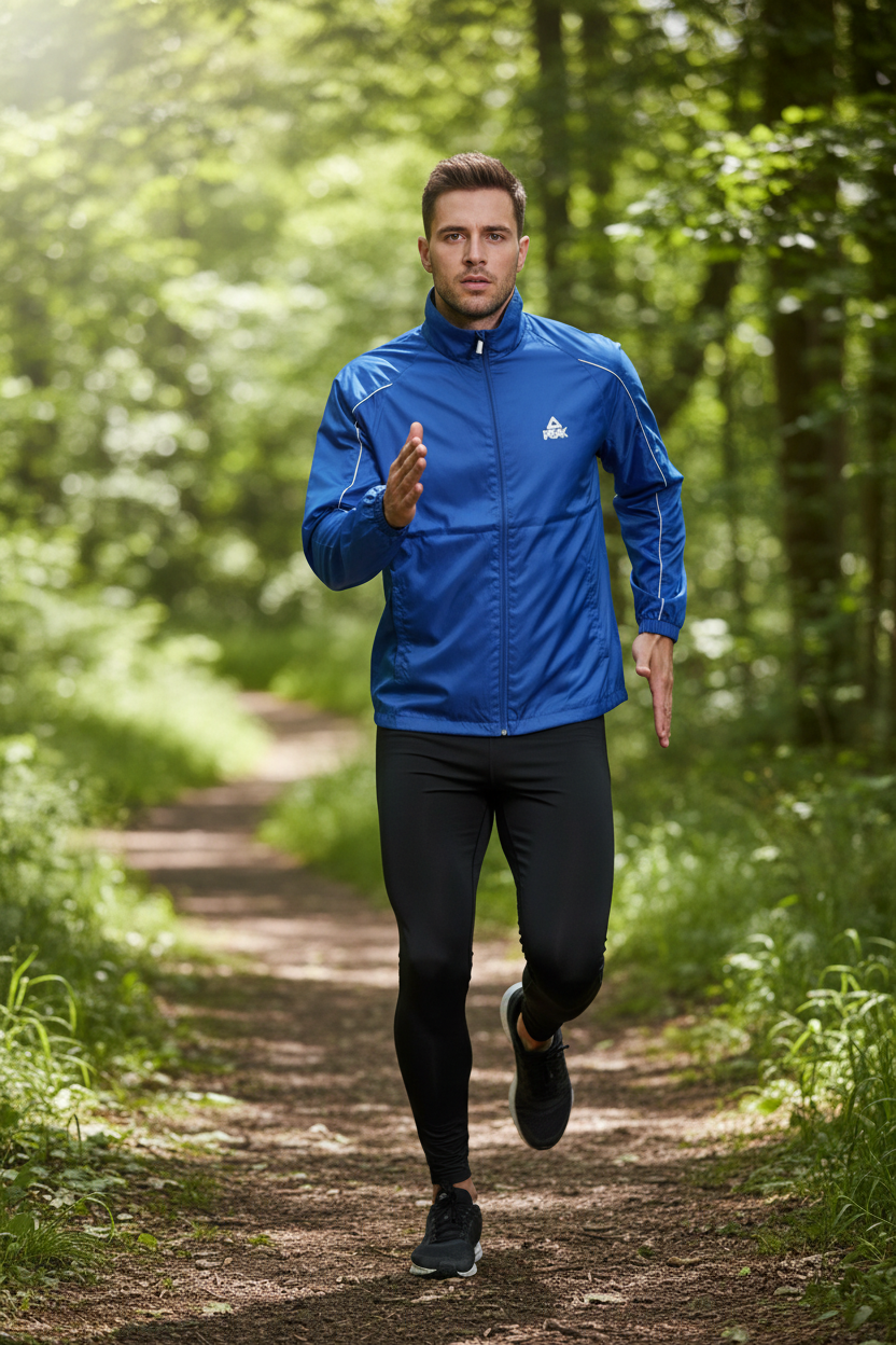 Man Wearing Royal Blue Peak Jacket Doing Sport