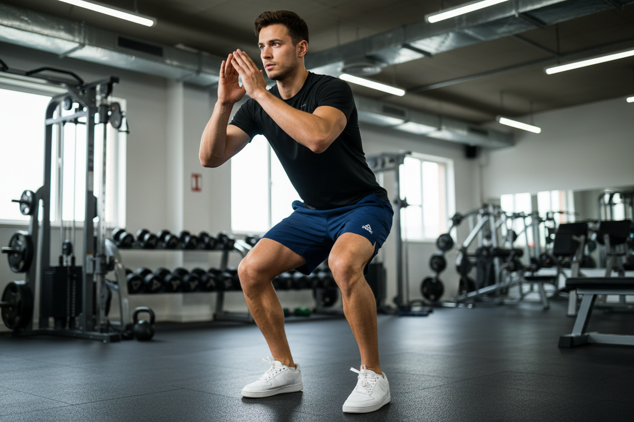 Man wearing royal blue PEAK shorts at the gym