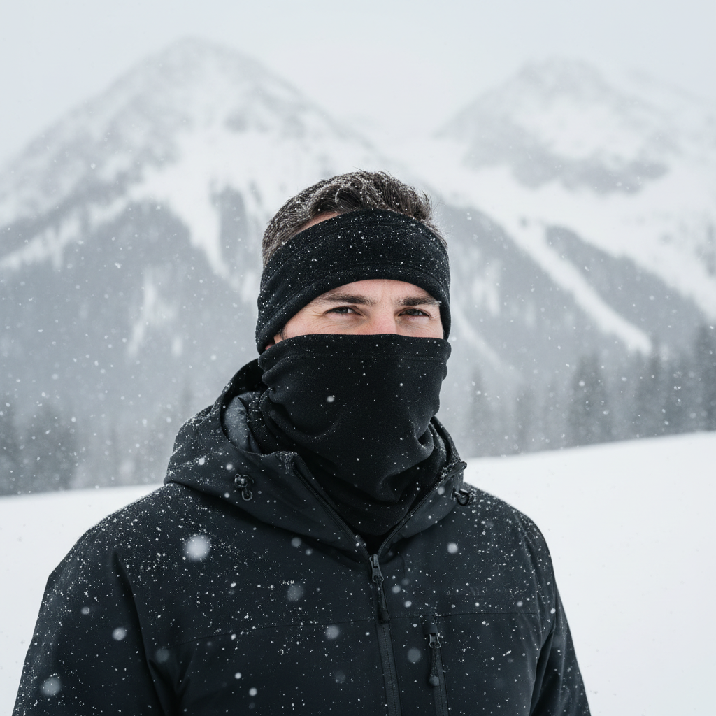 Man wearing the black fleece headgear in the snow
