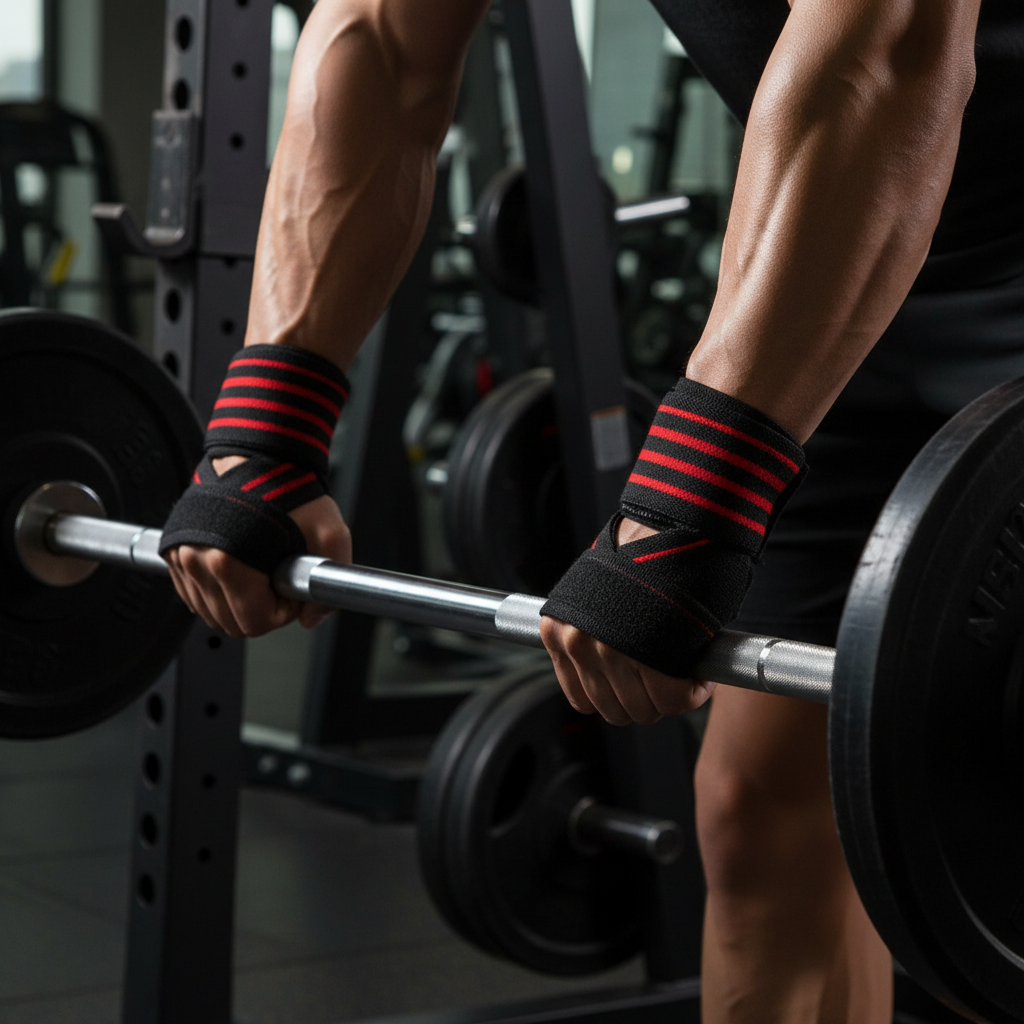Man wearing weightlifting wrist wraps