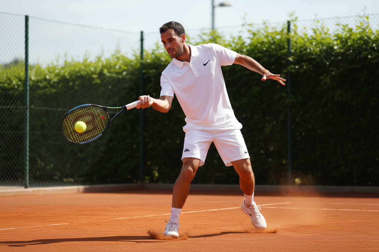 Man wearing white Nike polo playing tennis