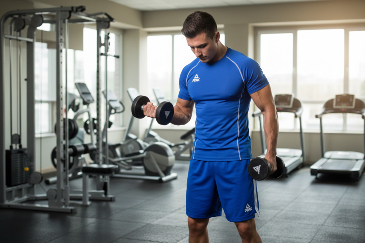 Muscular Man in Royal Blue Peak Outfit Doing Bicep Curls at Gym