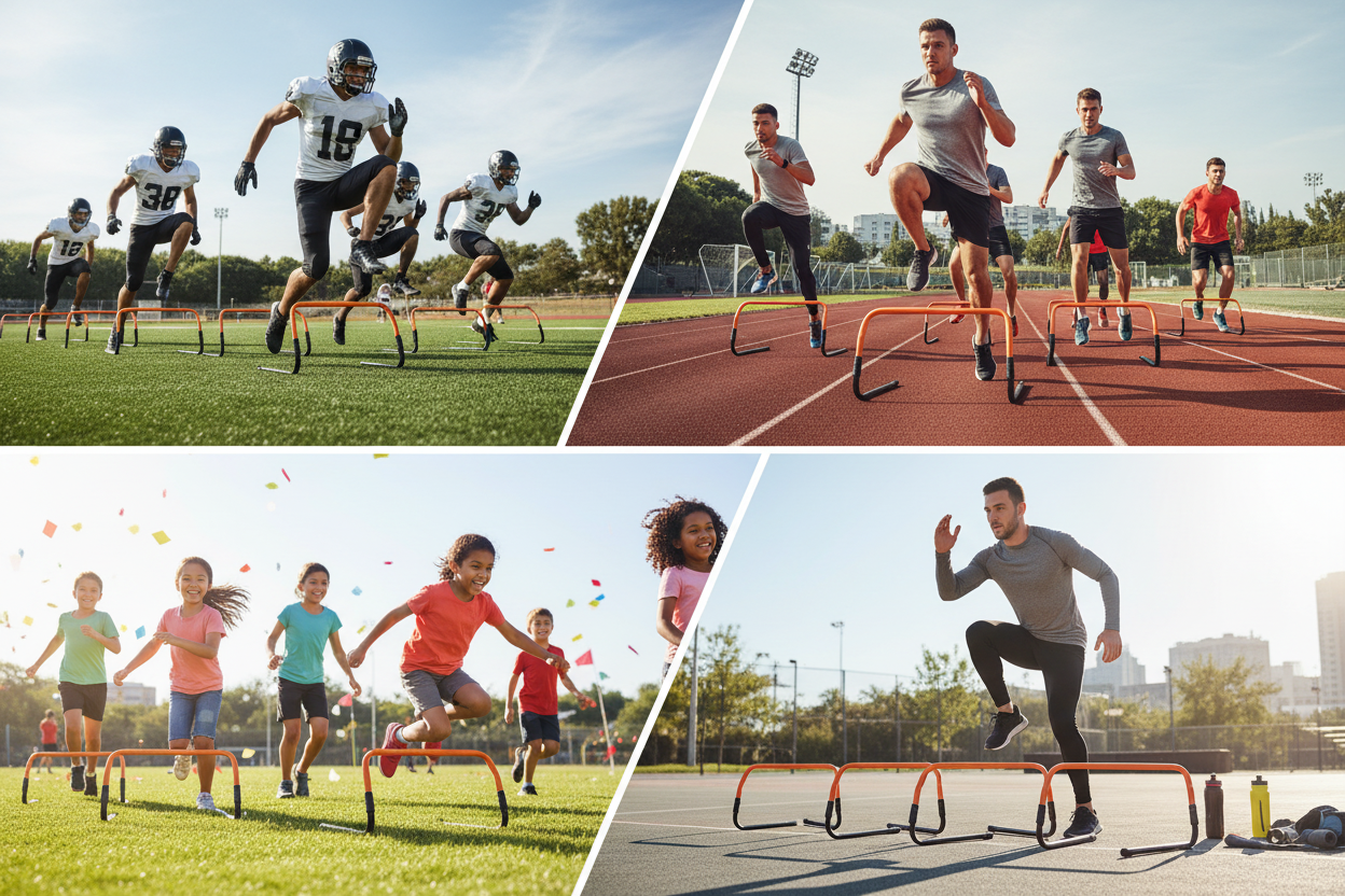 Orange black adjustable hurdles multi-sport collage