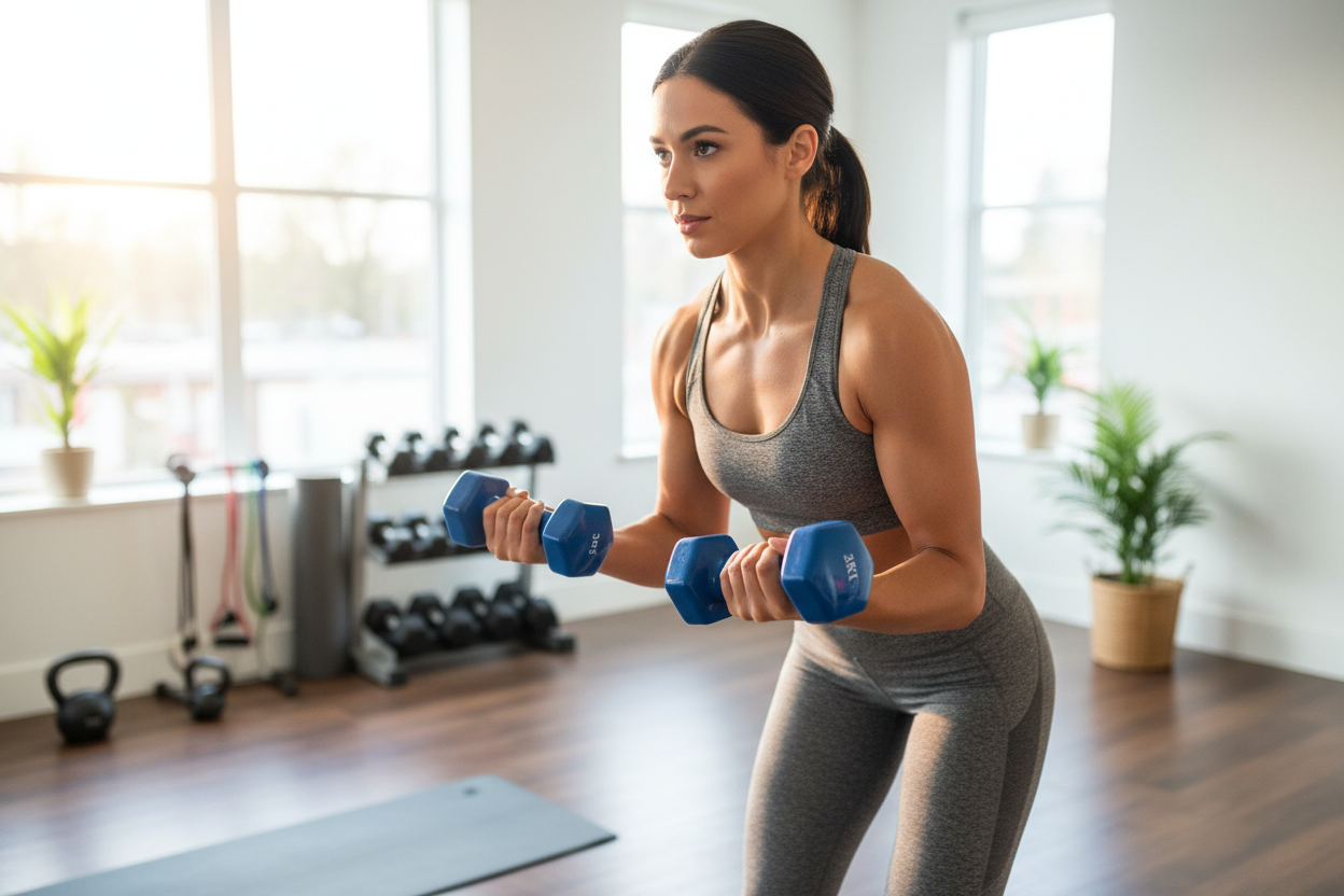 Person using blue 3kg dumbbells