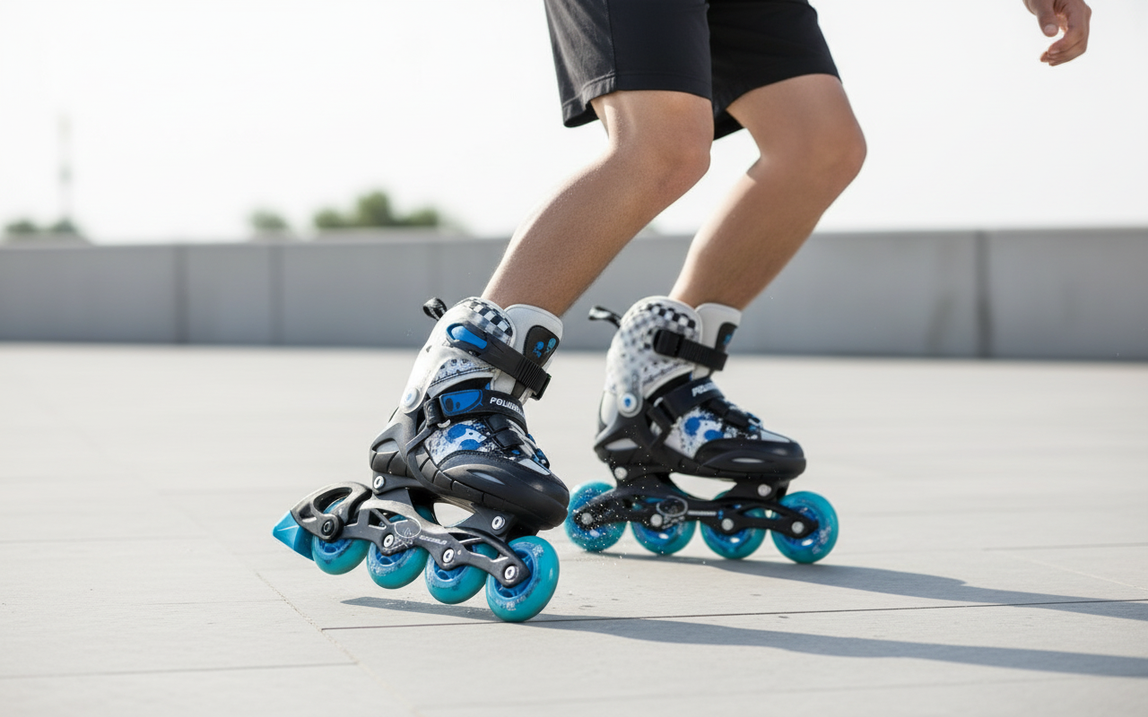 Person wearing black and white inline skates with blue wheels