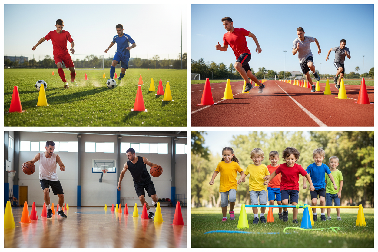 Red orange yellow training cones multi-sport collage