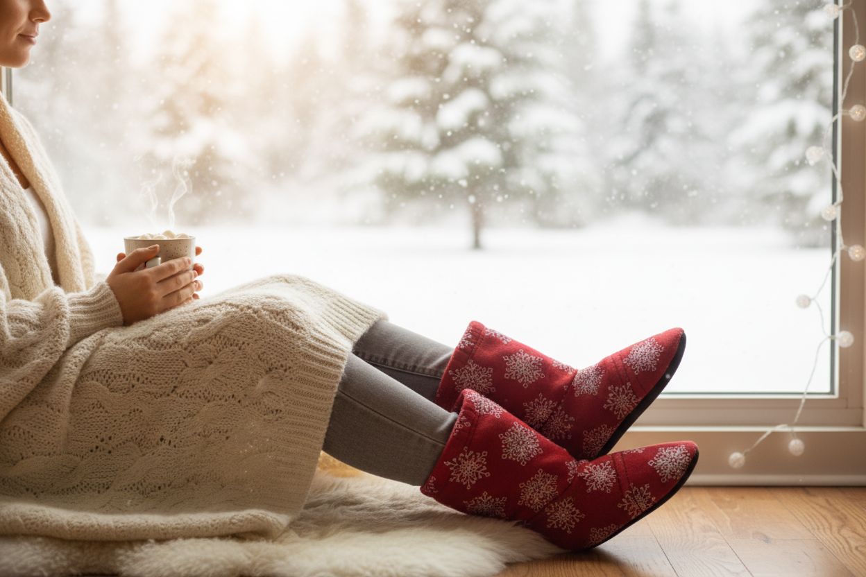 Red snowflake slippers warm winter photo