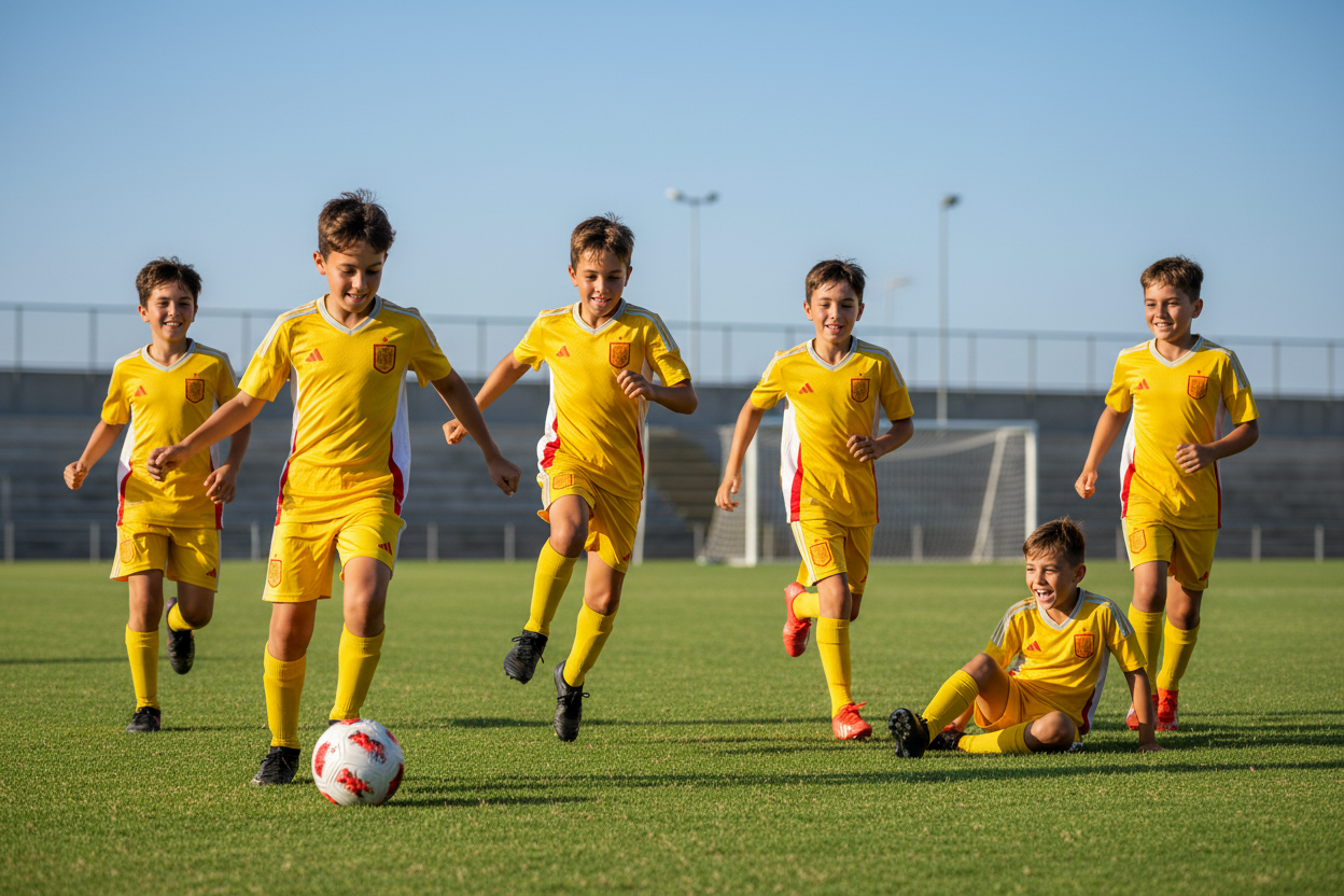 Spain Away Kit – Kids Team Playing Football
