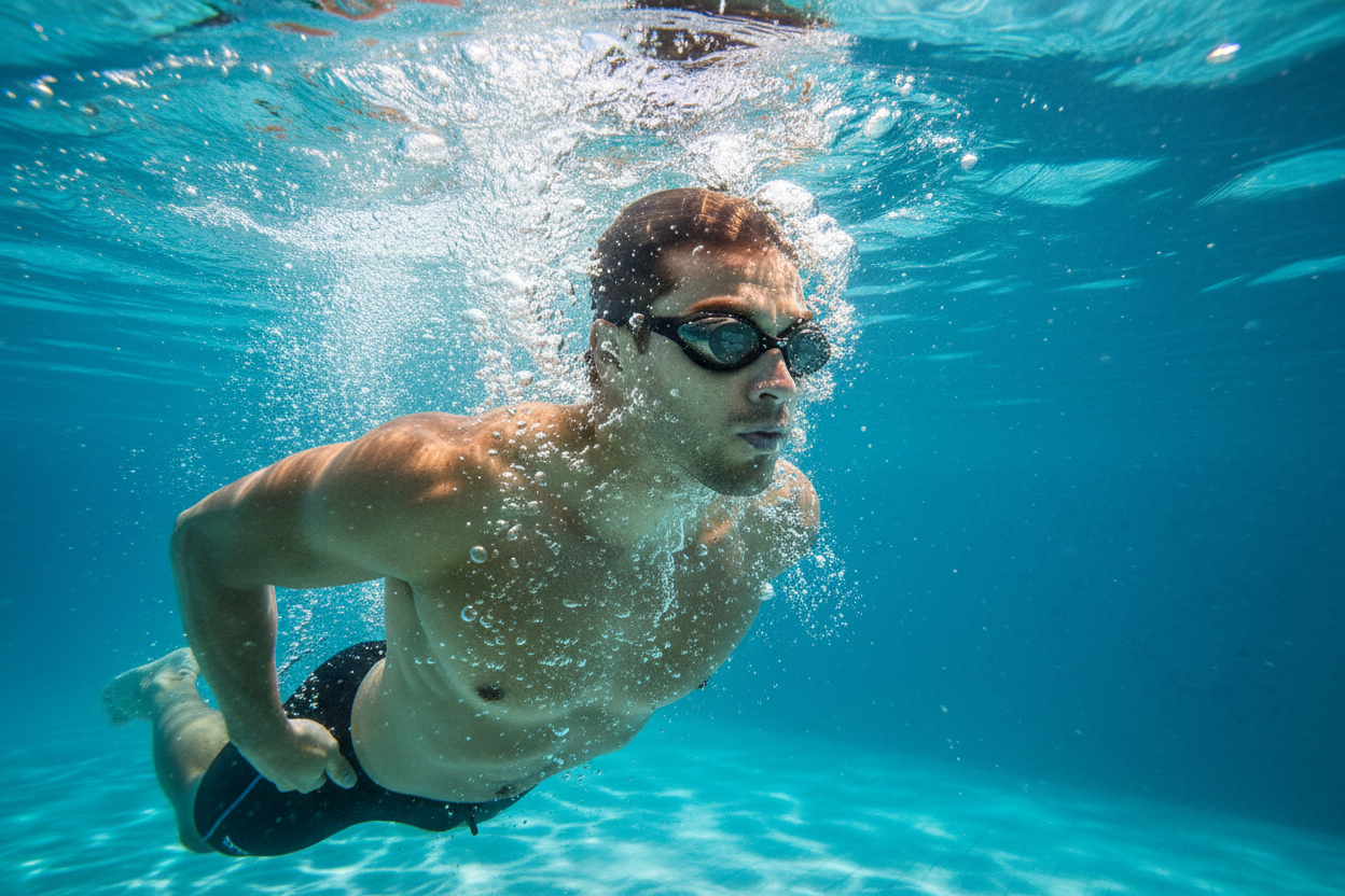 Swimmer underwater with black Arena goggles